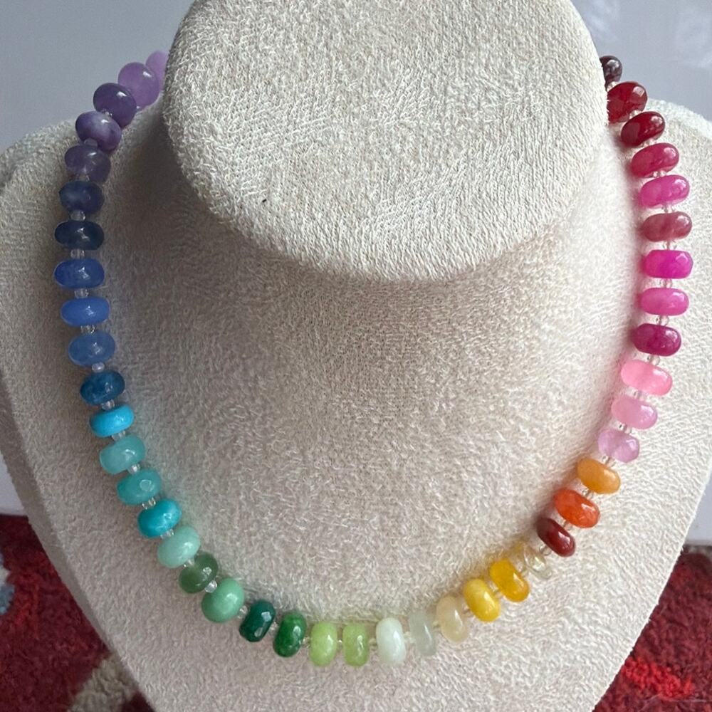 Almost 15" Ombre Rainbow Gemstone Necklace, Gold Tone Hardware, Colorful